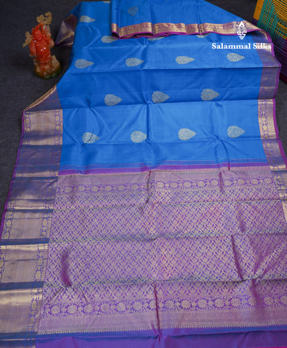 Beautiful Blue Pure Kanjivaram Silk Saree With Contrast Purple Traditional Evening Morning Border