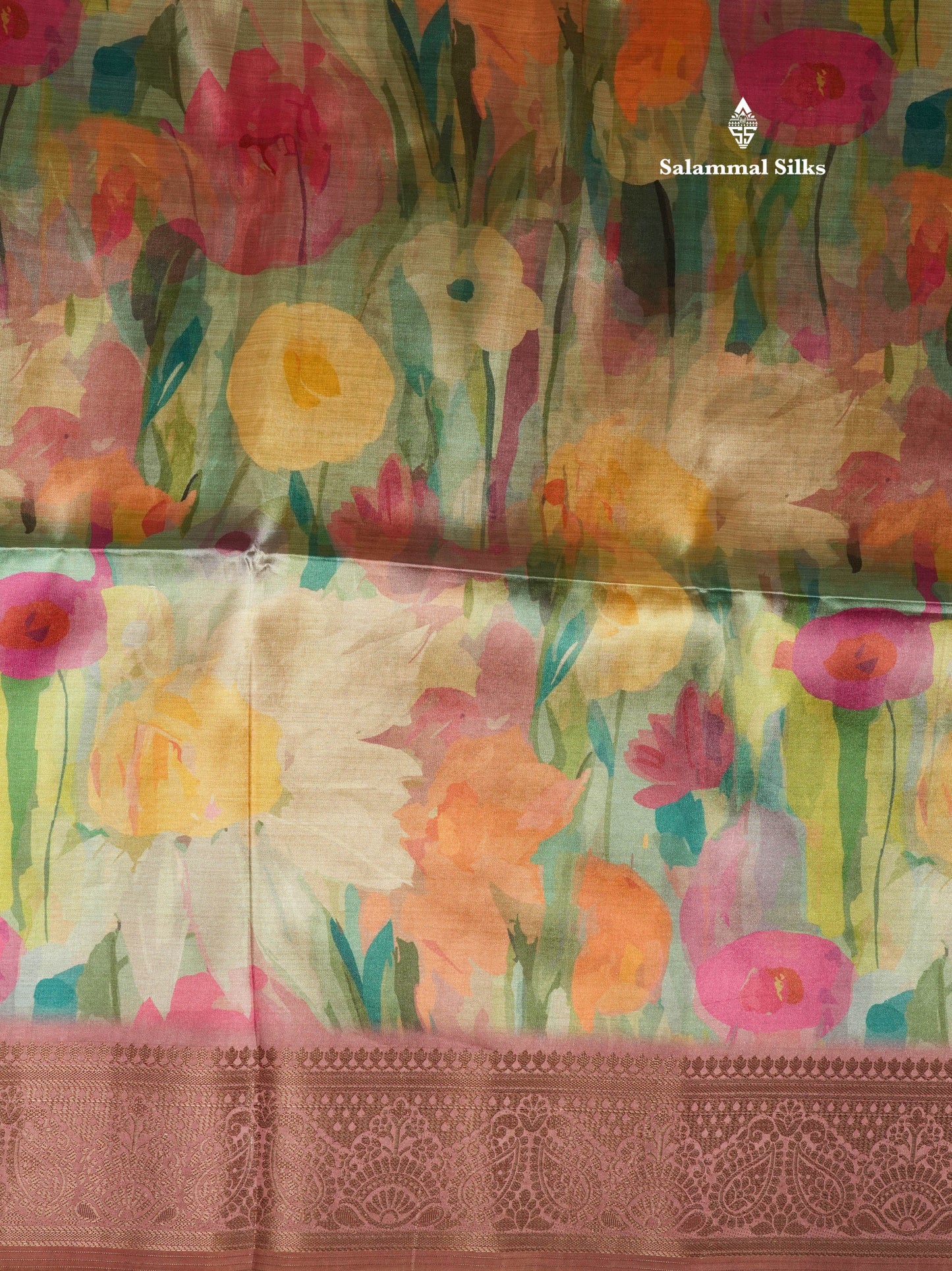 Multicolour Semi Tussar Saree With Floral Artistic Print With Contrast Border