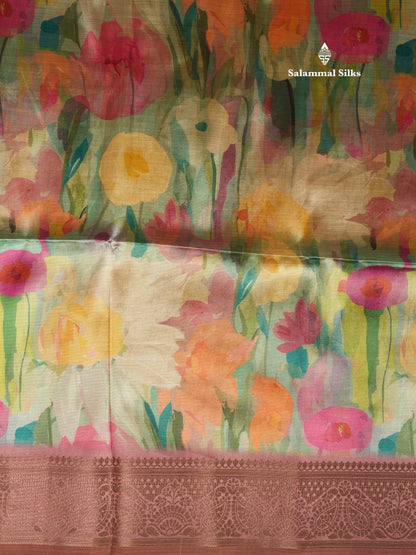 Multicolour Semi Tussar Saree With Floral Artistic Print With Contrast Border
