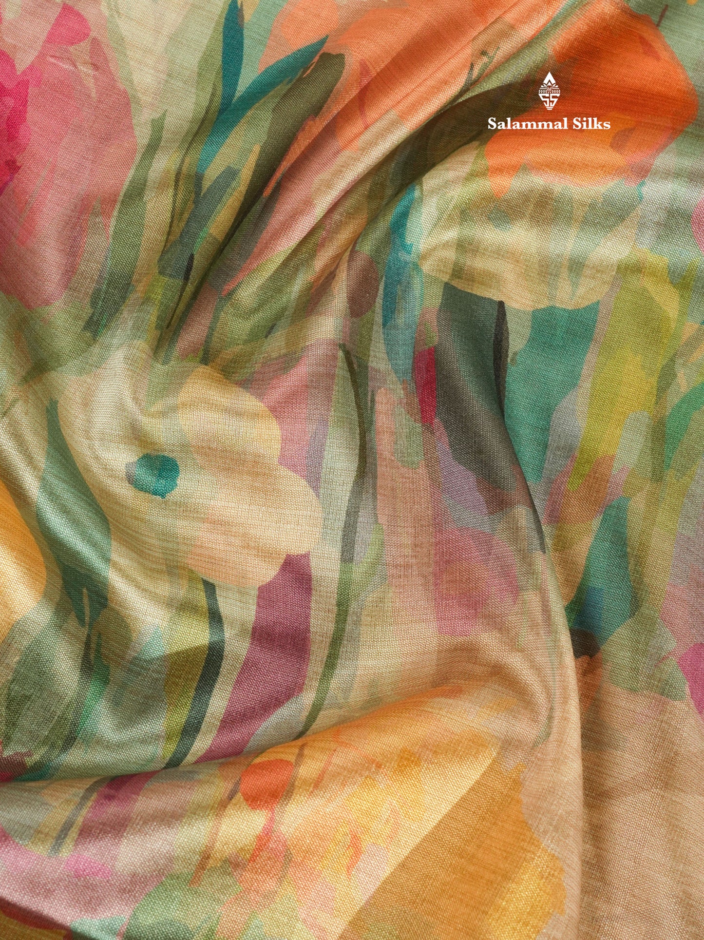 Multicolour Semi Tussar Saree With Floral Artistic Print With Contrast Border