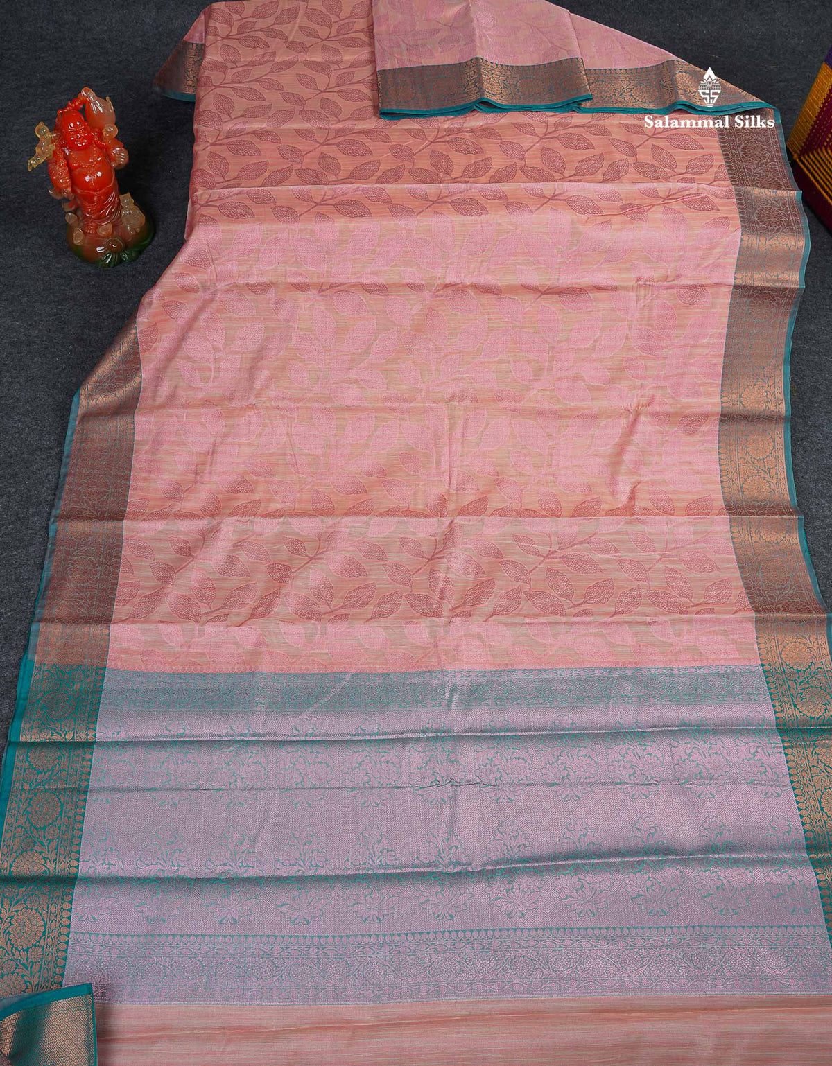 Cotton Mix Saree - Peach Colour Body With Floral Design & Contrast Sapphire Green Border