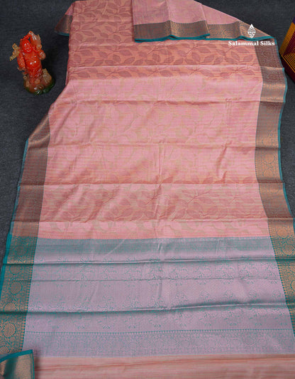 Cotton Mix Saree - Peach Colour Body With Floral Design & Contrast Sapphire Green Border