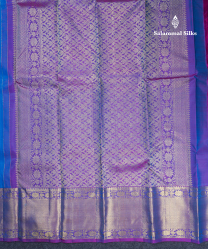 Beautiful Blue Pure Kanjivaram Silk Saree With Contrast Purple Traditional Evening Morning Border