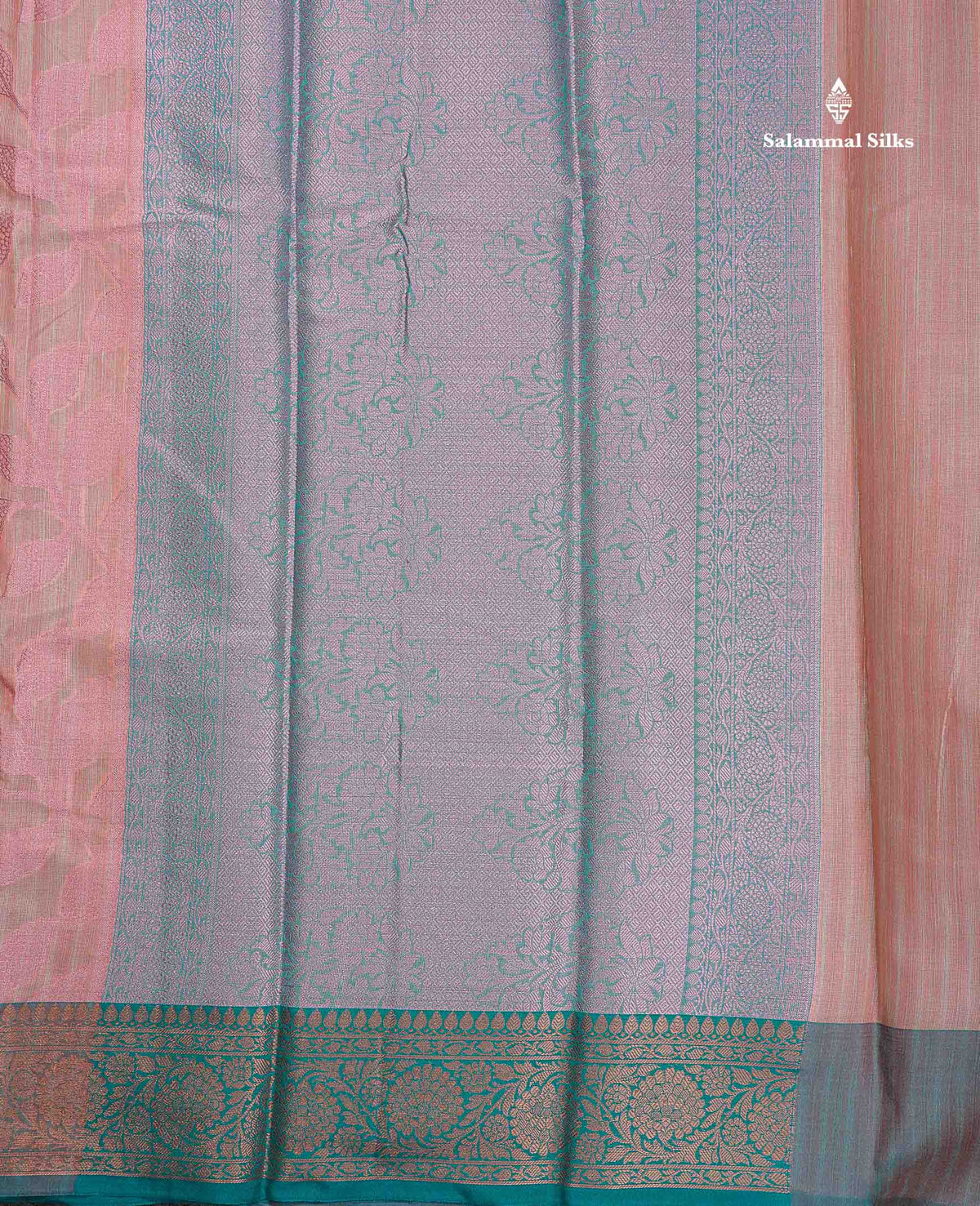 Cotton Mix Saree - Peach Colour Body With Floral Design & Contrast Sapphire Green Border