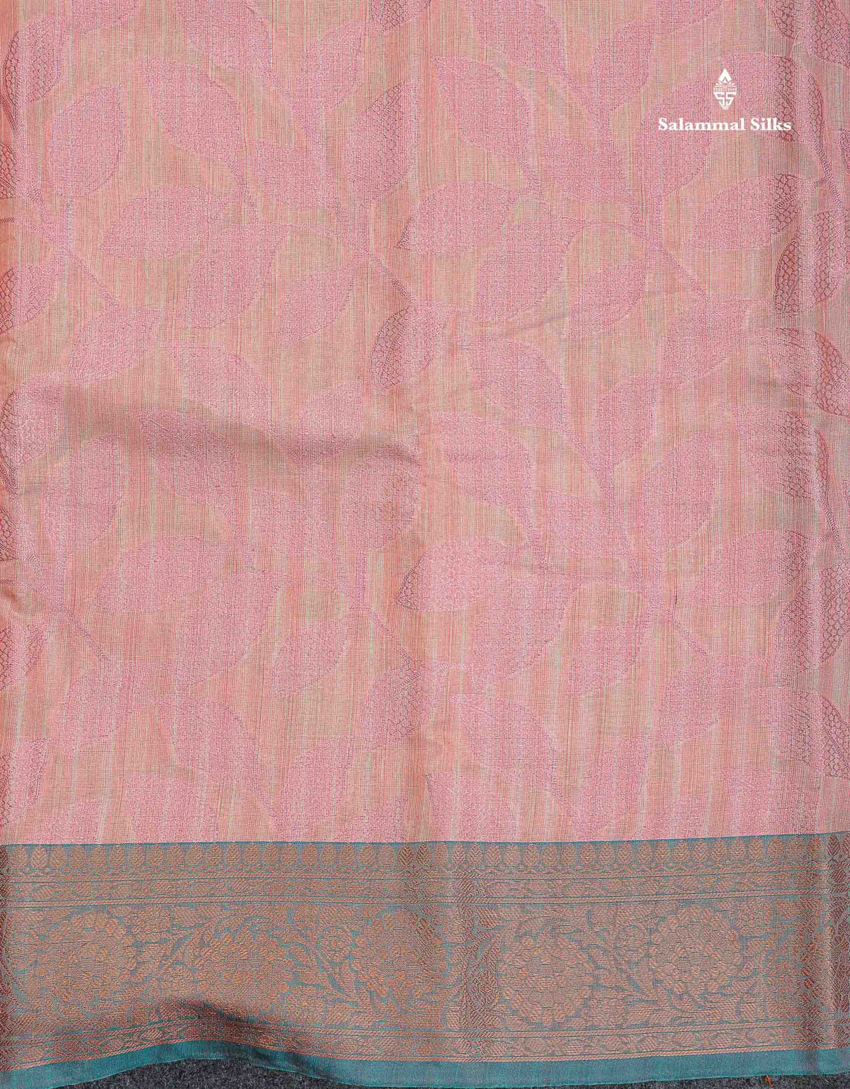Cotton Mix Saree - Peach Colour Body With Floral Design & Contrast Sapphire Green Border