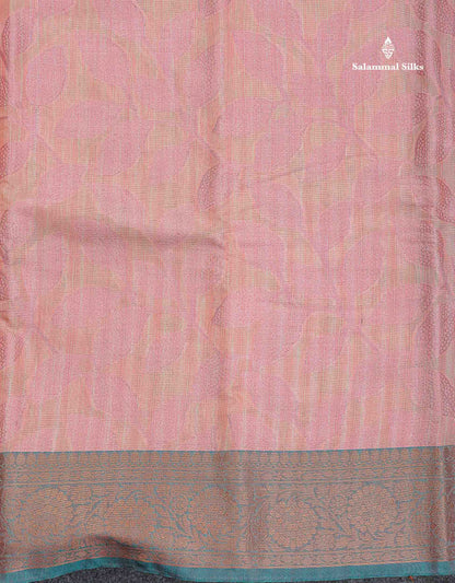 Cotton Mix Saree - Peach Colour Body With Floral Design & Contrast Sapphire Green Border
