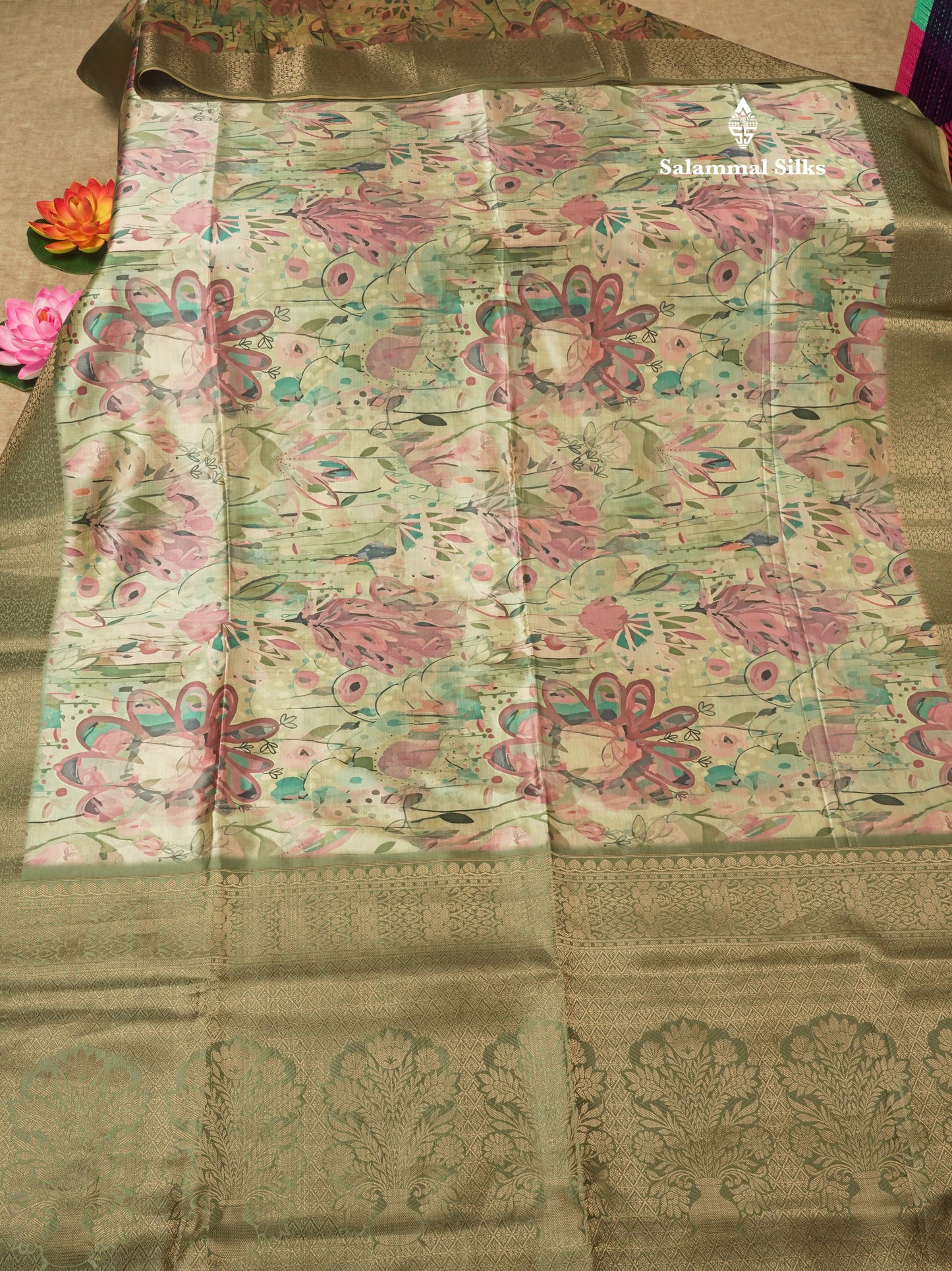 Multicolour Semi Tussar Saree With Floral Artistic Print With Contrast Border