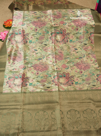 Multicolour Semi Tussar Saree With Floral Artistic Print With Contrast Border