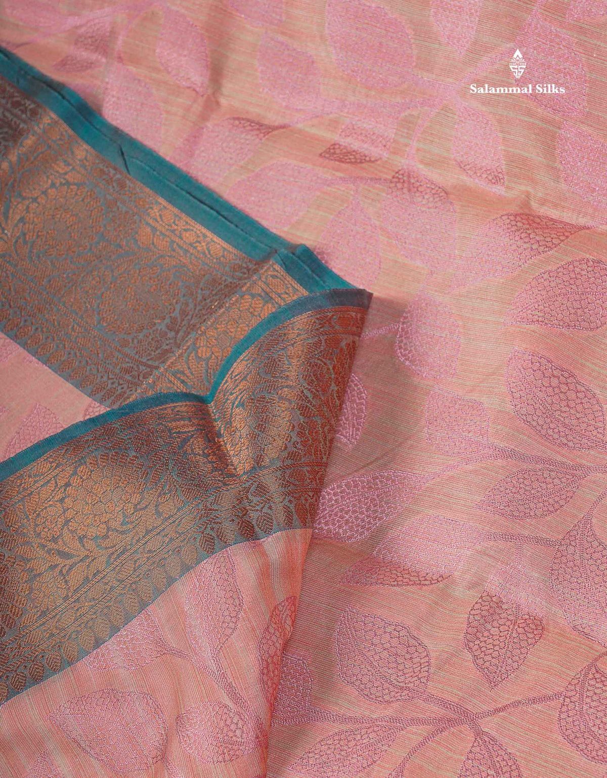 Cotton Mix Saree - Peach Colour Body With Floral Design & Contrast Sapphire Green Border