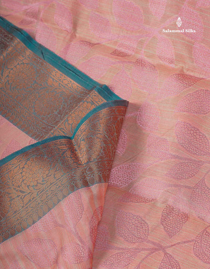 Cotton Mix Saree - Peach Colour Body With Floral Design & Contrast Sapphire Green Border