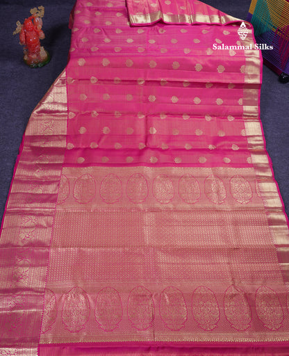 Beautiful Pink Vaira Oosi Lines Pure Kanjivaram Silk Saree With Traditional Evening Morning Border
