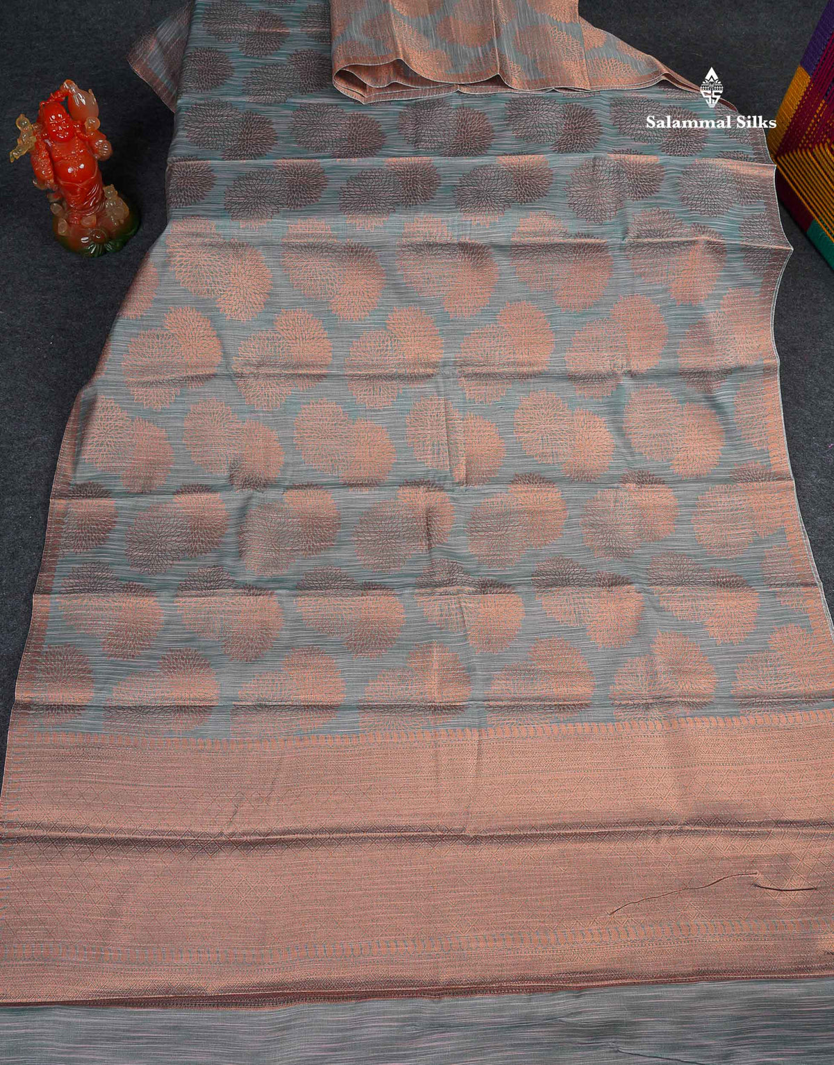 Jute Cotton Mix Saree - Grey Colour Body Flower Butta With Contrast Copper Brown Blouse