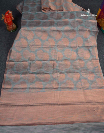 Jute Cotton Mix Saree - Grey Colour Body Flower Butta With Contrast Copper Brown Blouse