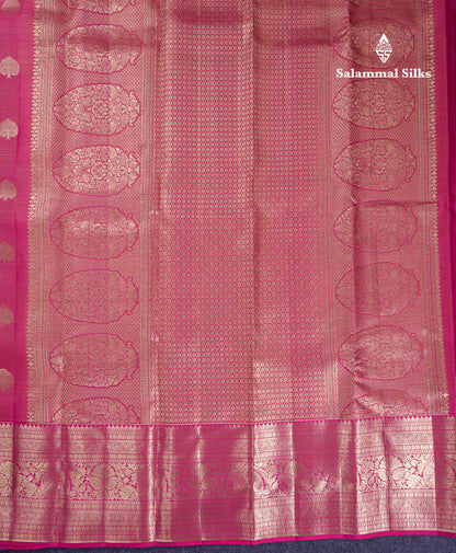 Beautiful Pink Vaira Oosi Lines Pure Kanjivaram Silk Saree With Traditional Evening Morning Border