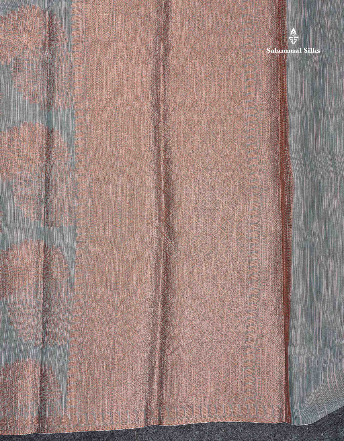 Jute Cotton Mix Saree - Grey Colour Body Flower Butta With Contrast Copper Brown Blouse