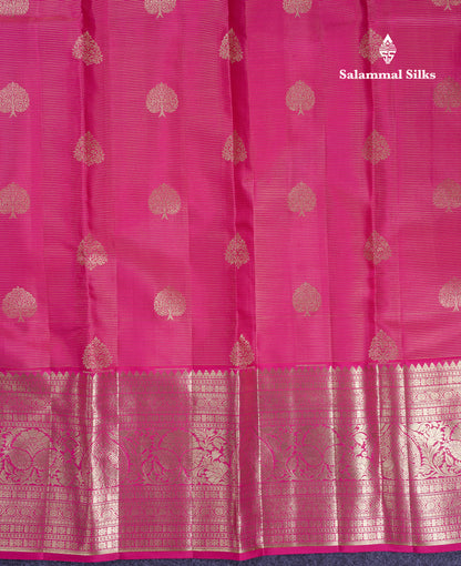 Beautiful Pink Vaira Oosi Lines Pure Kanjivaram Silk Saree With Traditional Evening Morning Border