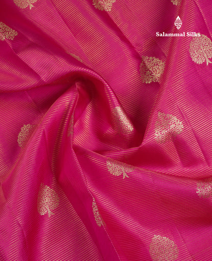 Beautiful Pink Vaira Oosi Lines Pure Kanjivaram Silk Saree With Traditional Evening Morning Border