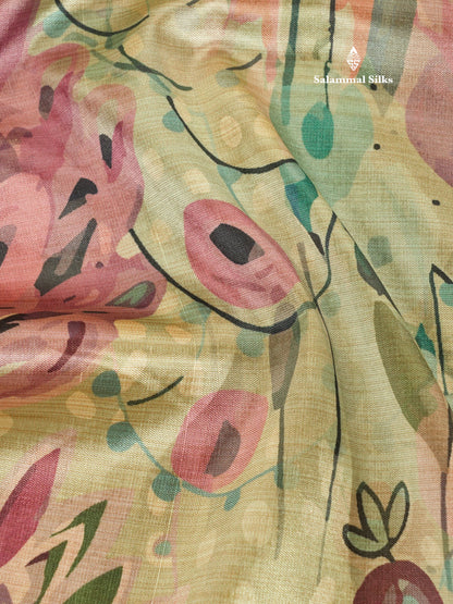 Multicolour Semi Tussar Saree With Floral Artistic Print With Contrast Border