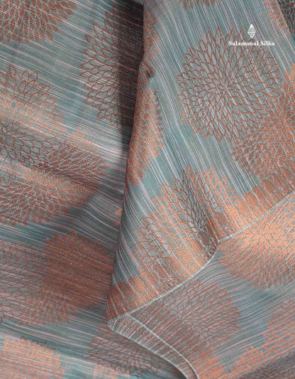 Jute Cotton Mix Saree - Grey Colour Body Flower Butta With Contrast Copper Brown Blouse