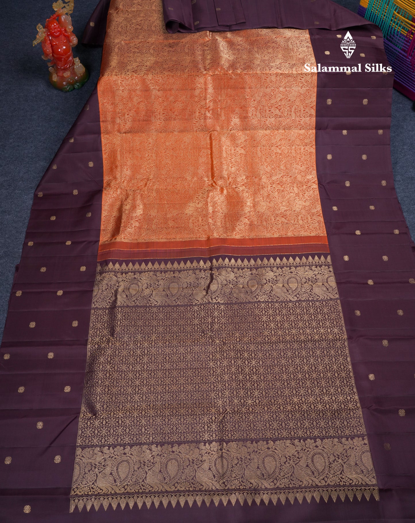 Beautiful Rust Orange Vanasingaram Bridal Pure Kanjivaram Silk Saree With Contrast Dark Brown Border
