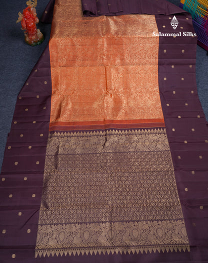 Beautiful Rust Orange Vanasingaram Bridal Pure Kanjivaram Silk Saree With Contrast Dark Brown Border