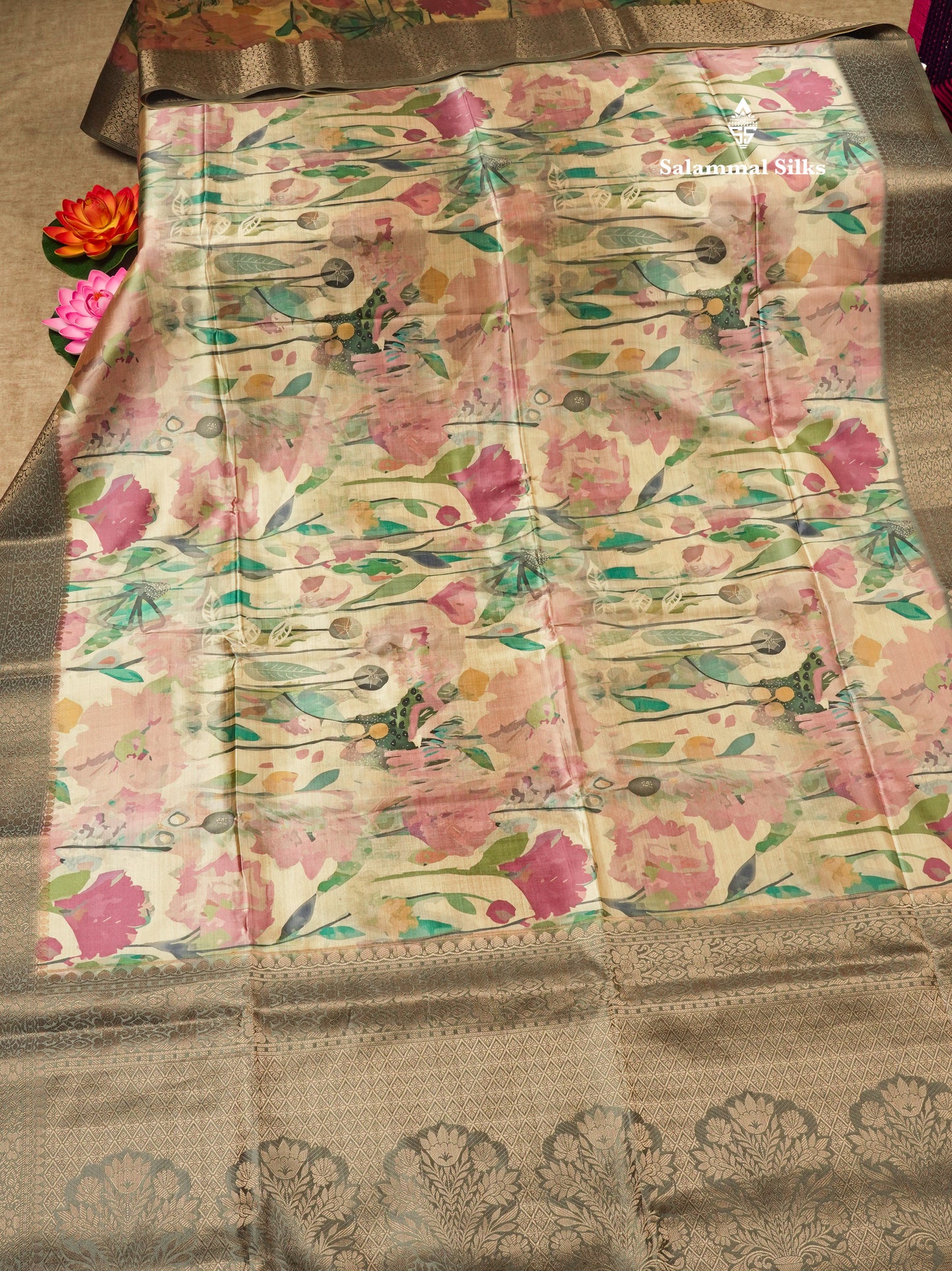 Multicolour Semi Tussar Saree With Floral Artistic Print With Contrast Border