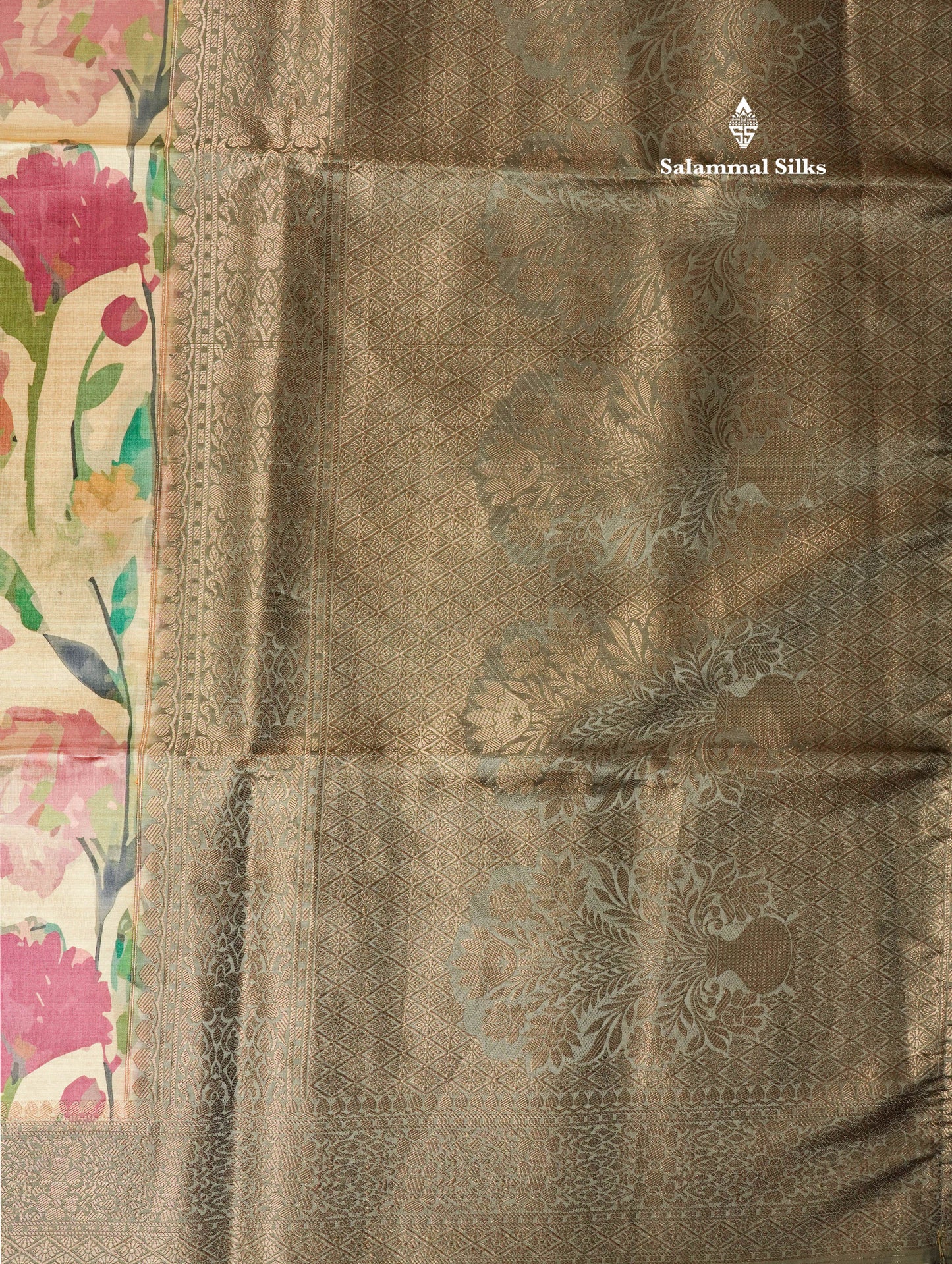 Multicolour Semi Tussar Saree With Floral Artistic Print With Contrast Border