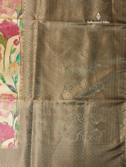 Multicolour Semi Tussar Saree With Floral Artistic Print With Contrast Border