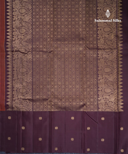 Beautiful Rust Orange Vanasingaram Bridal Pure Kanjivaram Silk Saree With Contrast Dark Brown Border