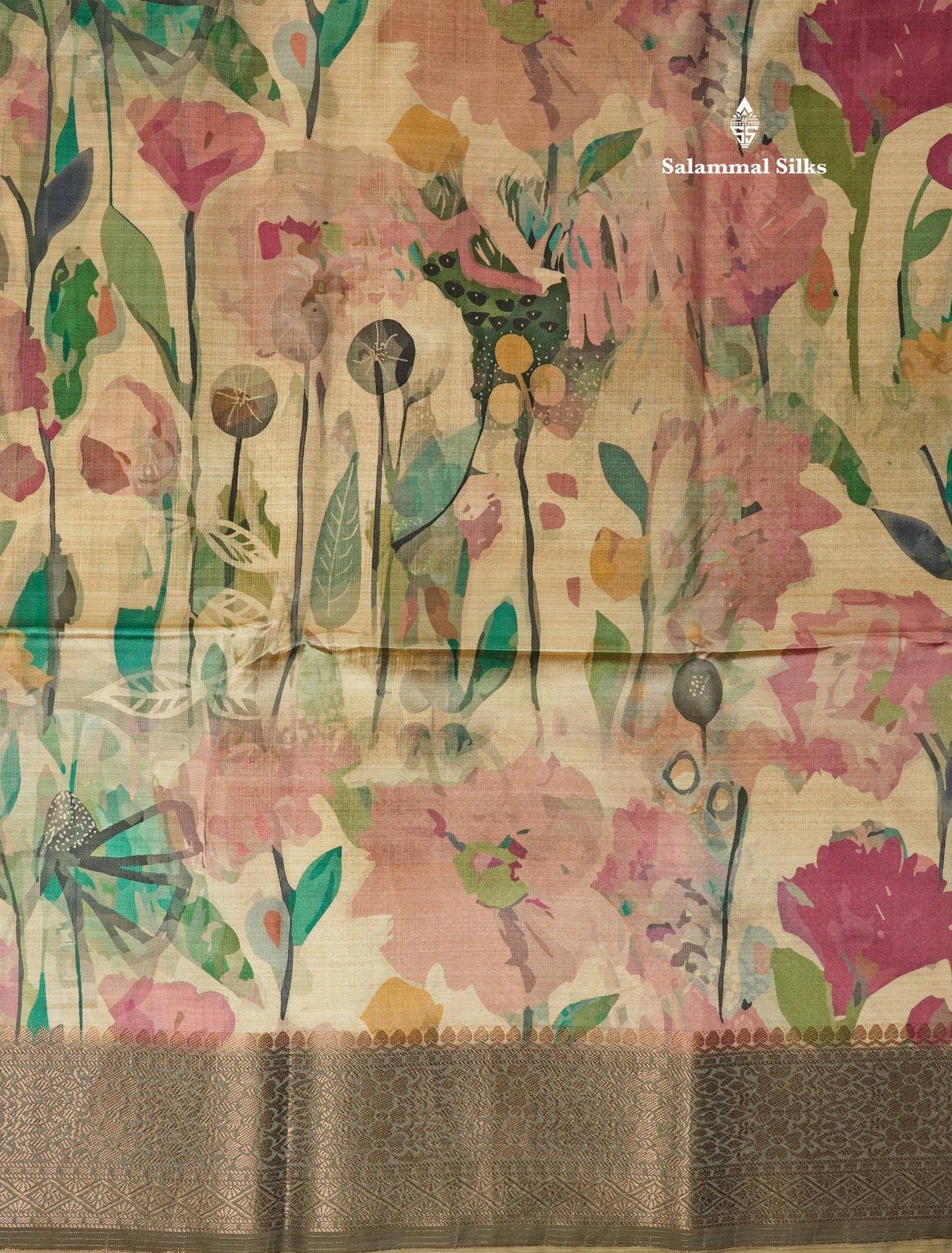 Multicolour Semi Tussar Saree With Floral Artistic Print With Contrast Border