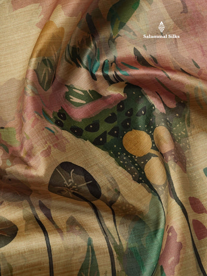Multicolour Semi Tussar Saree With Floral Artistic Print With Contrast Border