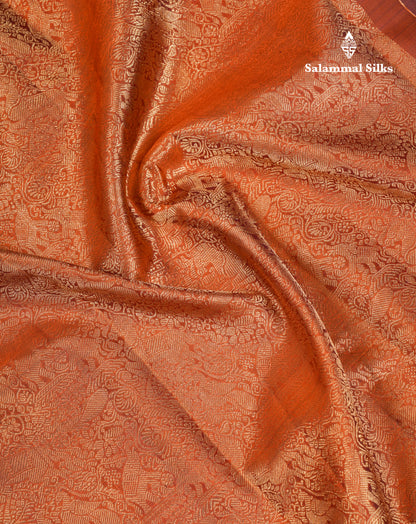 Beautiful Rust Orange Vanasingaram Bridal Pure Kanjivaram Silk Saree With Contrast Dark Brown Border