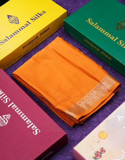Beautiful Mustard Yellow Plain Semi Mysore Silk Saree With Small Traditional Zari Border