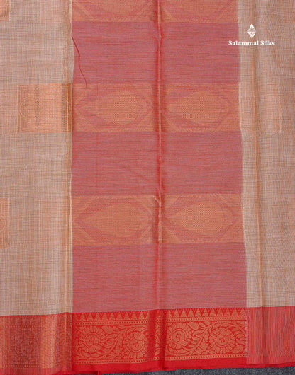 Jute Cotton Mix Saree -  Sandal Colour Body Zari Butta With Contrast Red Border