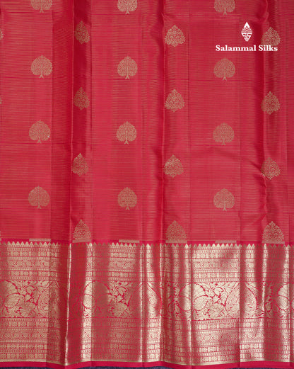 Beautiful Pink Vaira Oosi Lines Pure Kanjivaram Silk Saree With Traditional Evening Morning Border