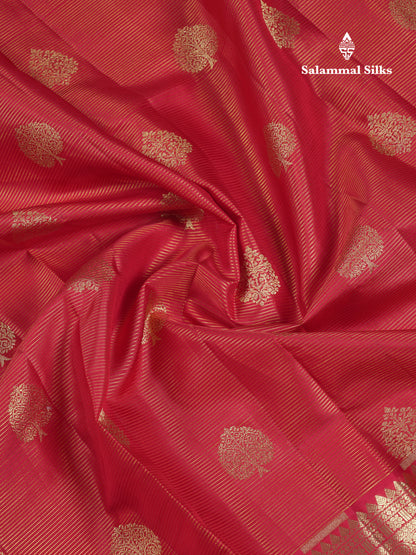 Beautiful Pink Vaira Oosi Lines Pure Kanjivaram Silk Saree With Traditional Evening Morning Border