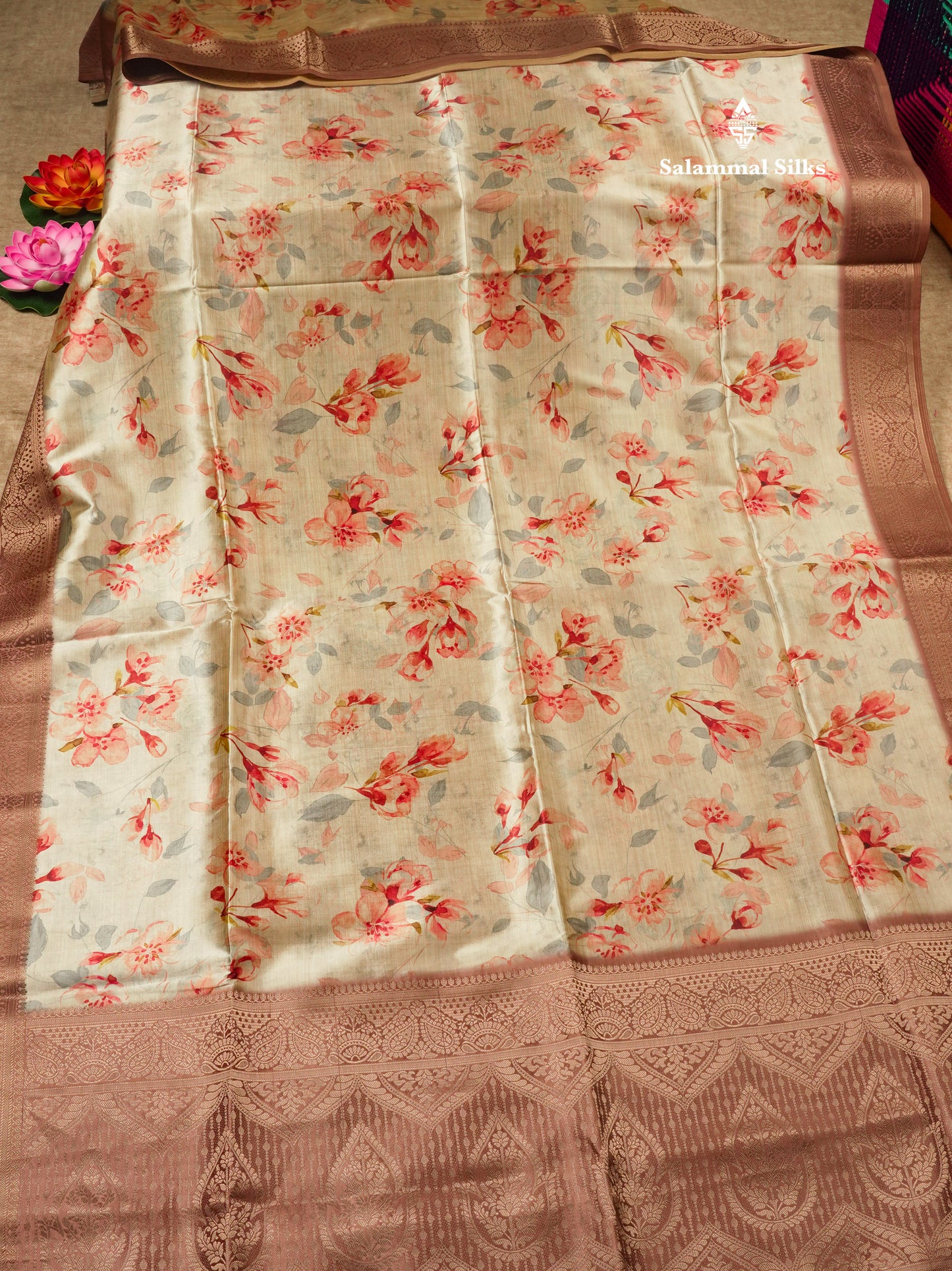 Multicolour Semi Tussar Saree With Floral Artistic Print With Contrast Border