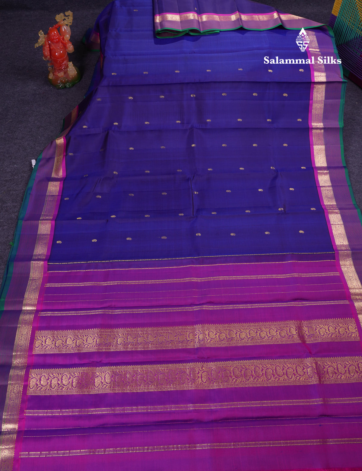 Beautiful Navy Blue Pure Kanjivaram Silk Saree With Contrast Vadamalli Traditional Border