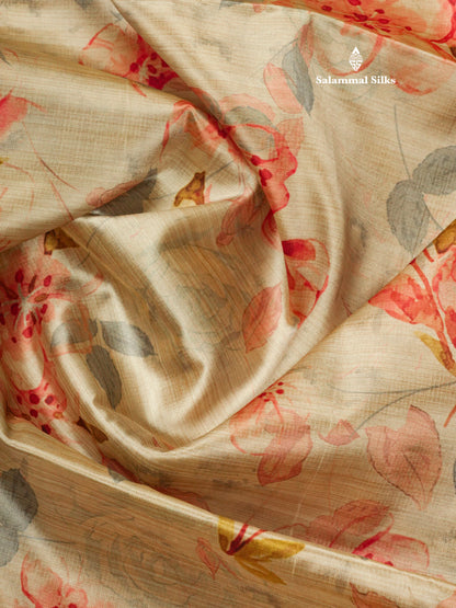 Multicolour Semi Tussar Saree With Floral Artistic Print With Contrast Border