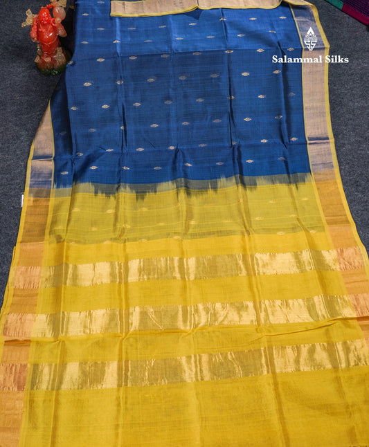 Dual Tone Blue Pure Silk Cotton Saree With Contrast Manthulir Yellow Blouse