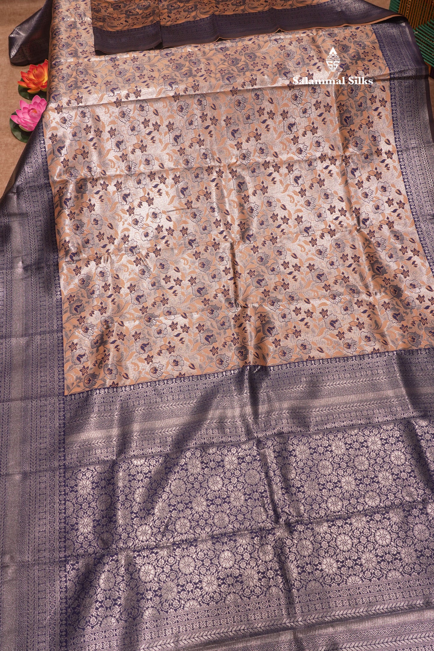 Chocolate Colour Semi Silk Saree With Contrast Navy Blue Border
