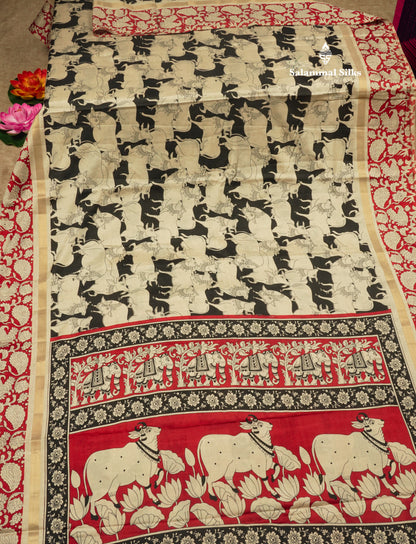 Black Chanderi Mixed Cotton Saree With Contrast Red Border