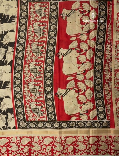 Black Chanderi Mixed Cotton Saree With Contrast Red Border