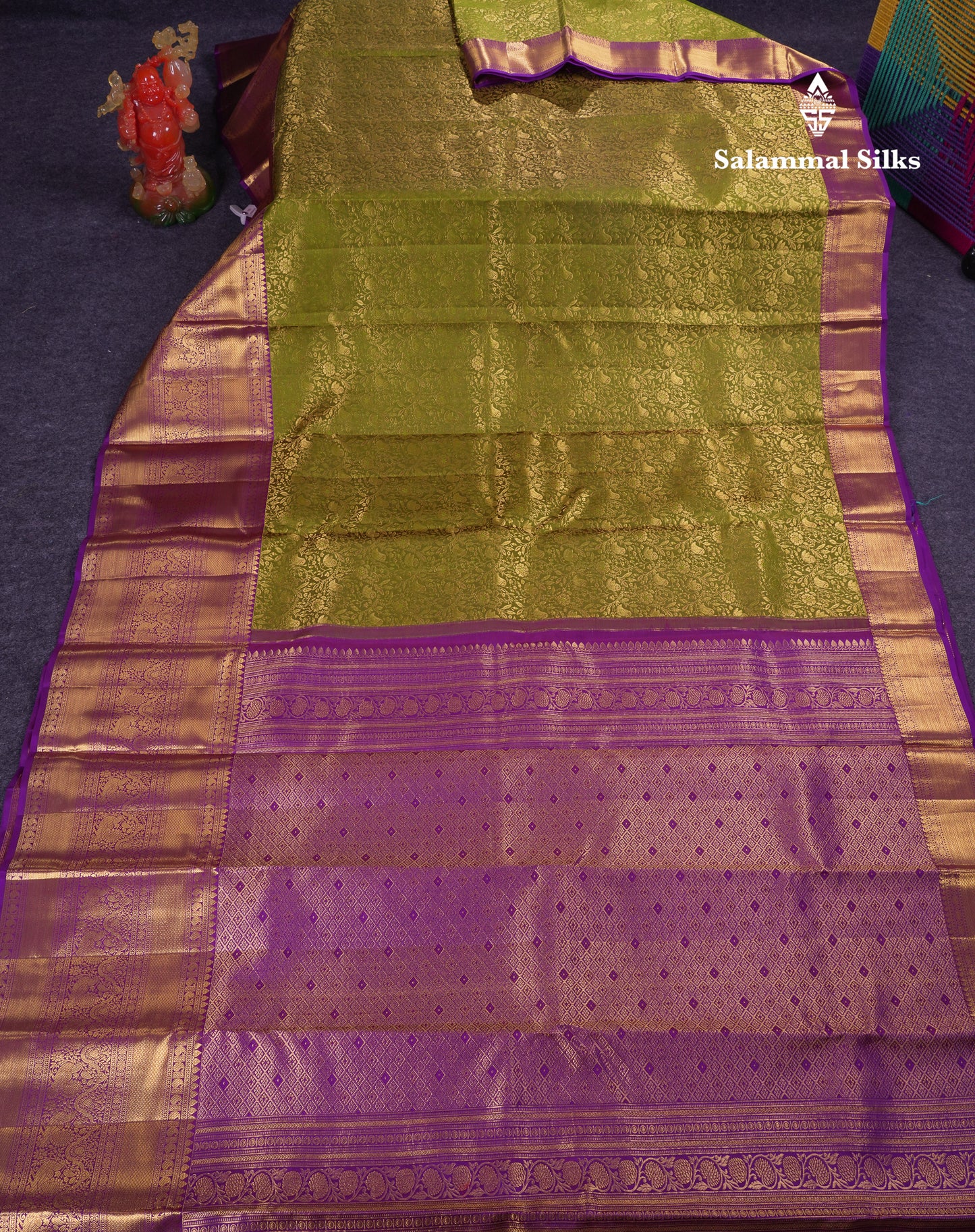 Beautiful Olive Green Bridal Pure Kanjivaram Silk Saree With Contrast Violet Traditional Evening Morning Border