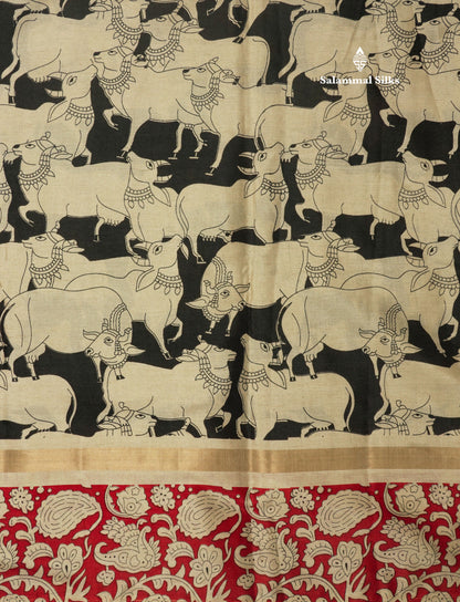 Black Chanderi Mixed Cotton Saree With Contrast Red Border