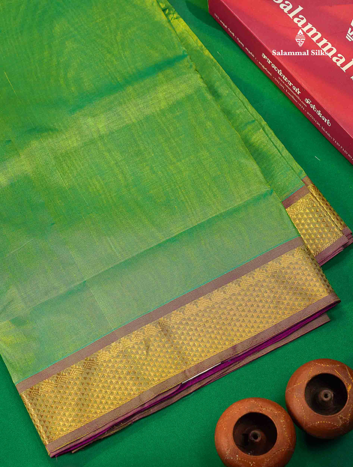 Pure Silk Cotton Saree - Bottle Green Colour Body Plain With Traditional Border | 10 Yards