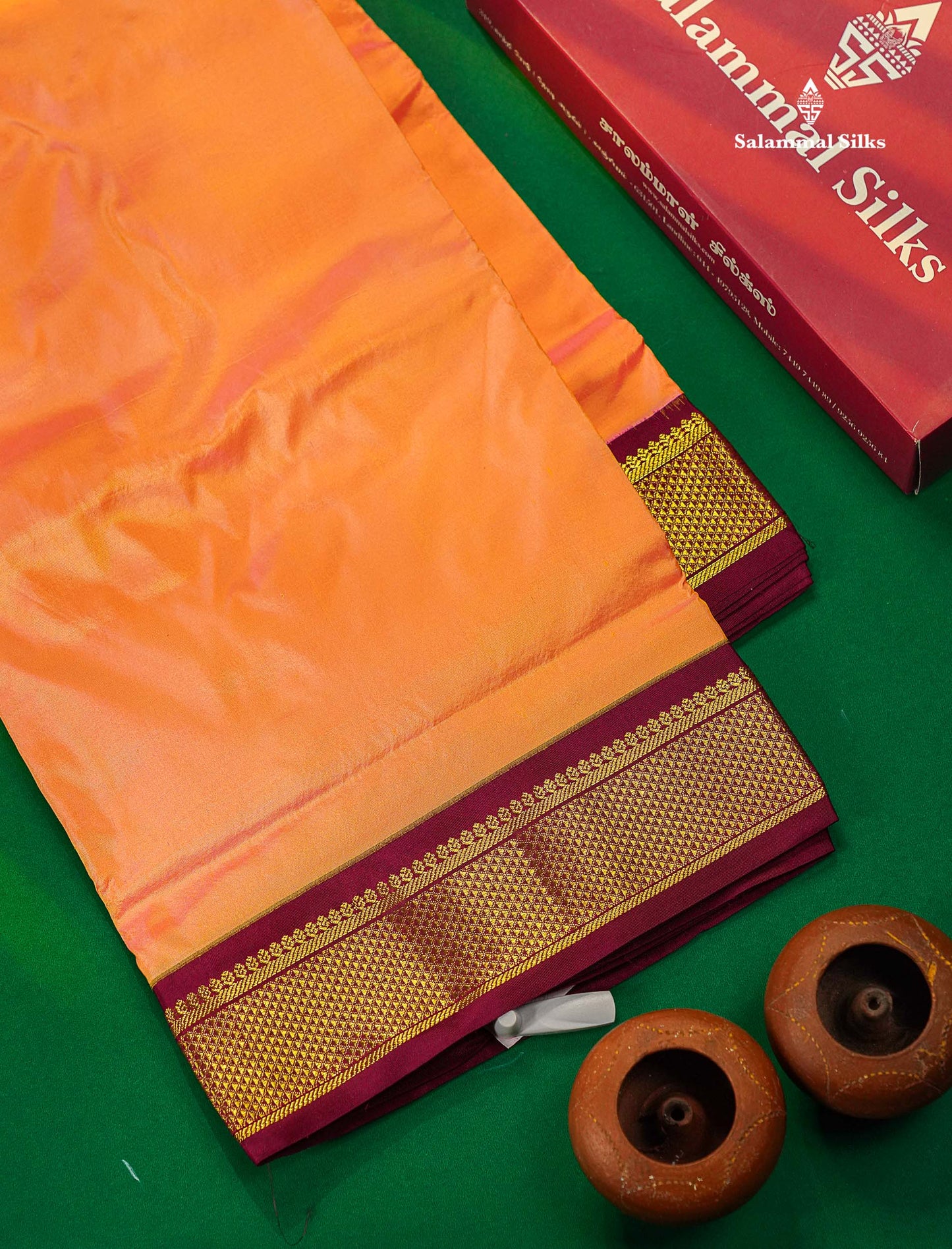 Beautiful Dual Tone Peach 9 Yards Pure Kanjivaram Silk Saree With (3.6inch) Magenta Border