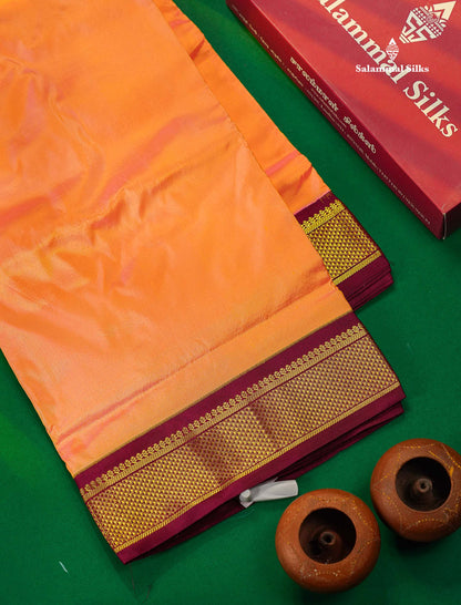 Beautiful Dual Tone Peach 9 Yards Pure Kanjivaram Silk Saree With (3.6inch) Magenta Border