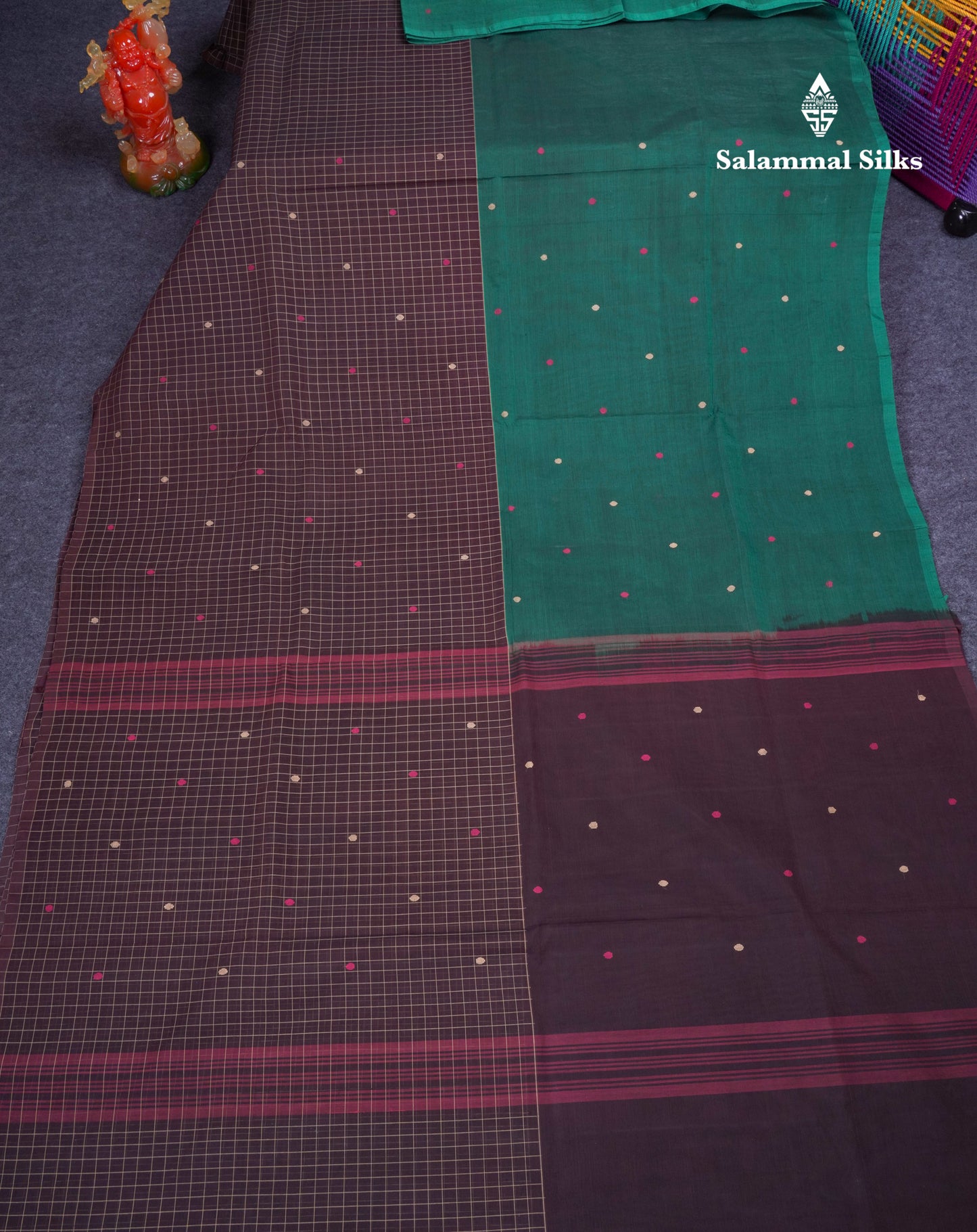 Dual Tine Peacock Green Butta & Dark Purple Checks With Butta Half And Half Pure Cotton Saree With Contrast Dark Purple Blouse