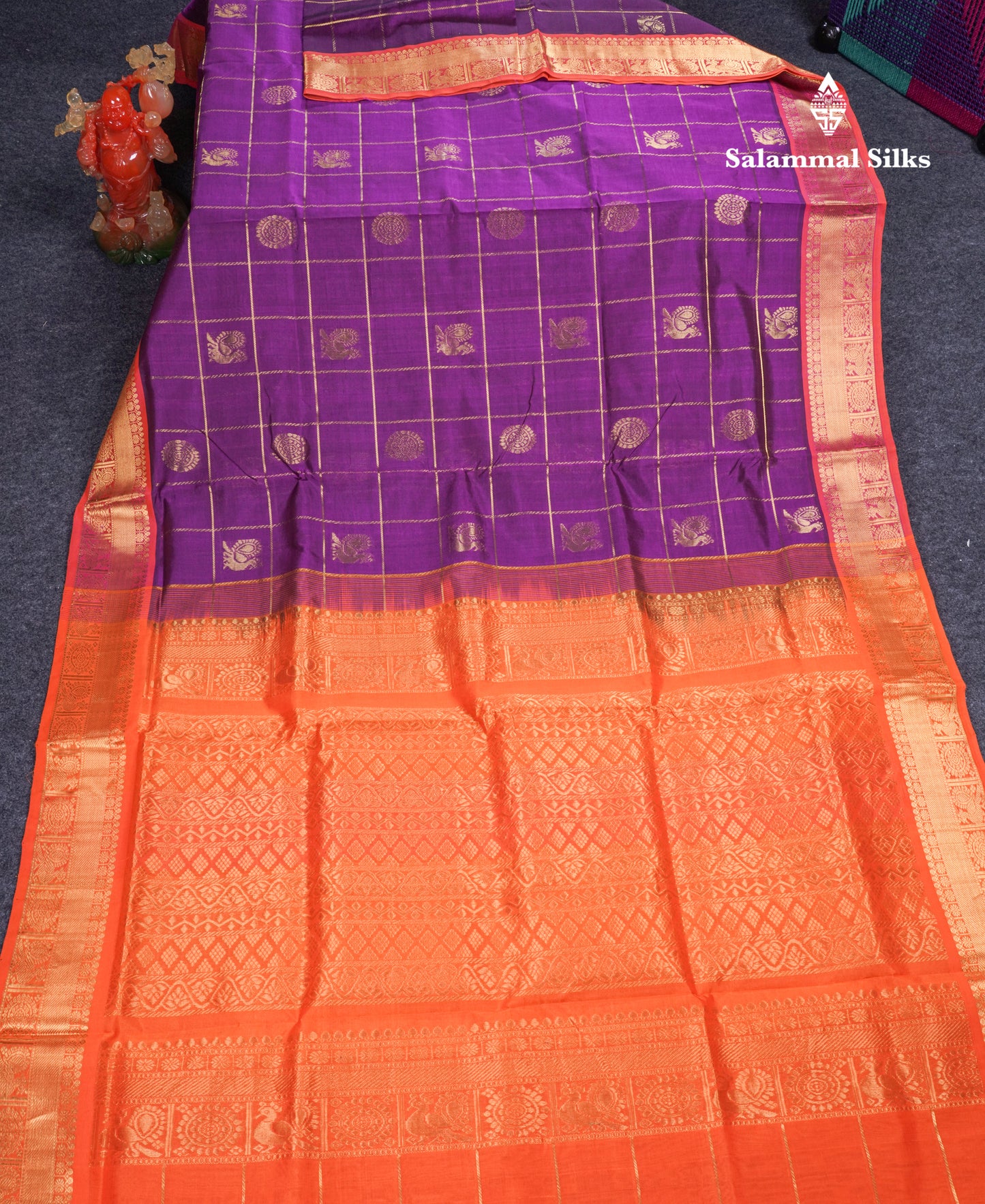 Purple Checks Pure Silk Cotton Saree With Contrast Orange Blouse
